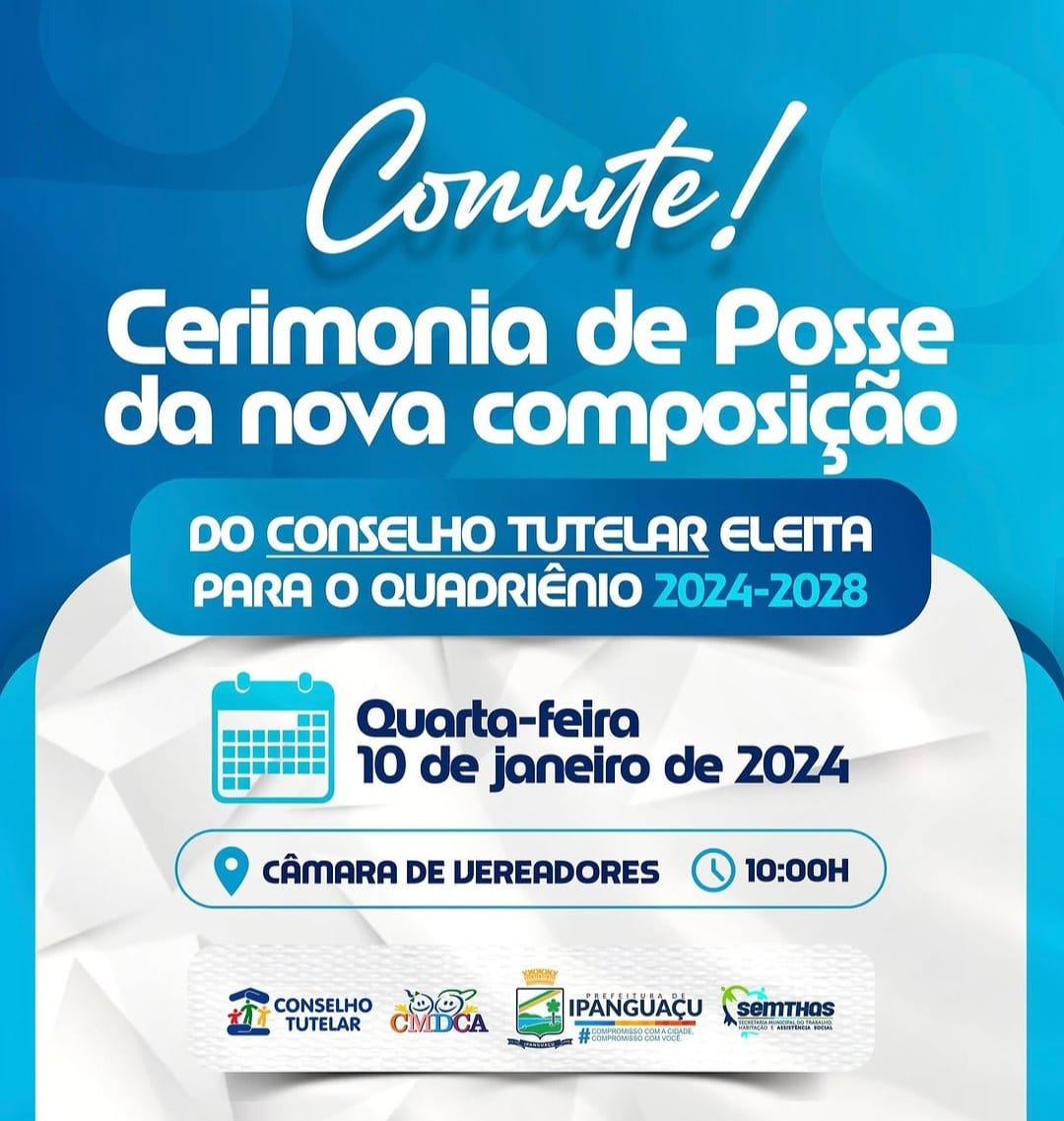 Convite para Cerimônia de Posse dos novos Conselheiros Tutelares de Ipanguaçu